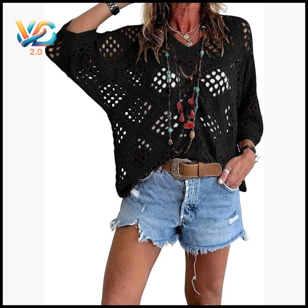 Crochet Long Sleeve Pullover Sweater Beach Cover Up Loose Fit V-Neck